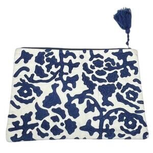 Two’s Company Blue White Cotton Tassel Pouch Bag Embroidered 11.5x8‎
